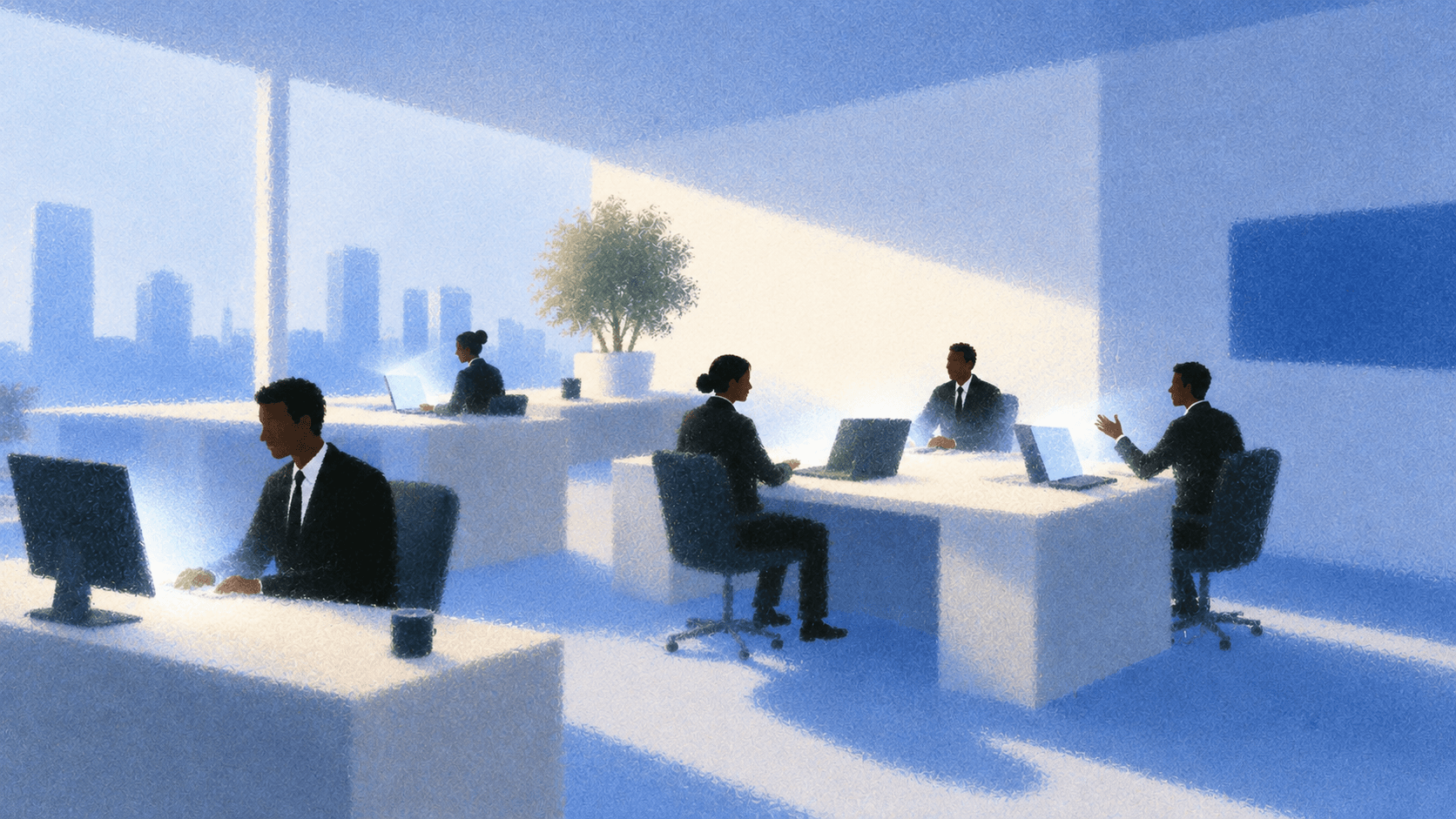 Illustration of a modern office where people work alongside connected, glowing AI-assisted desks